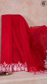 Red Embroidered Scallop Border Kora Organza Saree